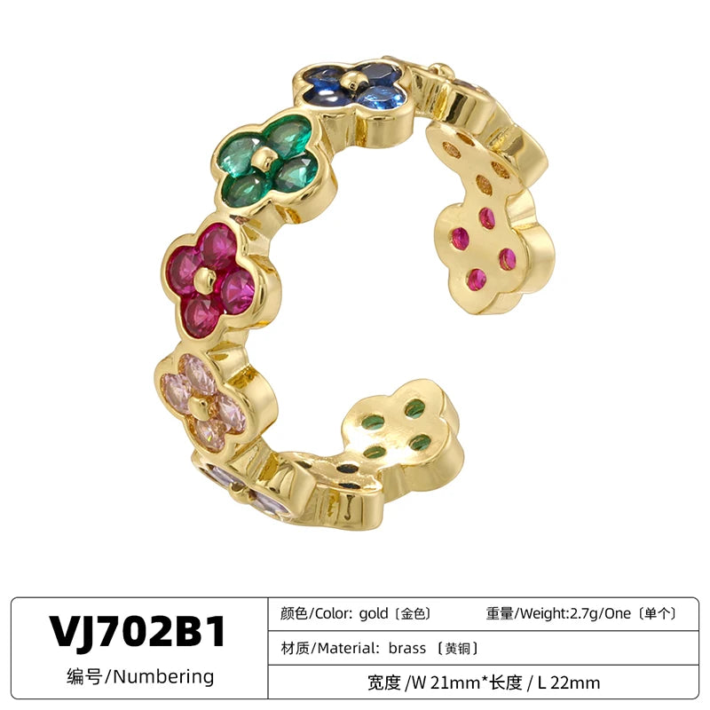 خاتم نسائي مفتوح الطرف قابل للتعديل من ZHUKOU، مصنوع من النحاس السميك عالي الجودة ومطلي بالذهب ومرصع بالزركونيا: VJ702