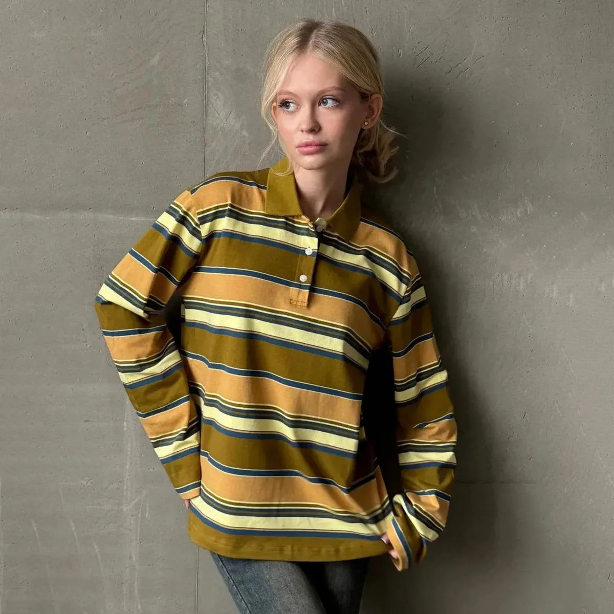 تيشيرت تورنوفا كاجوال بأكمام طويلة مخططة، بياقة بولو، فضفاض، بلوزة نسائية، تصميم عصري بطبعة كلاسيكية، تيشيرت نسائي جديد لفصل الخريف