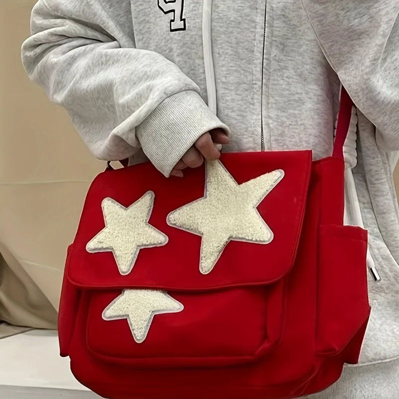 حقيبة كتف لطيفة مطبوعة بنجوم أكاديمية، حقيبة كبيرة بسعة كبيرة للطلاب، حقيبة كروس بودي كاجوال للتنقل، عبوة من قطعة واحدة