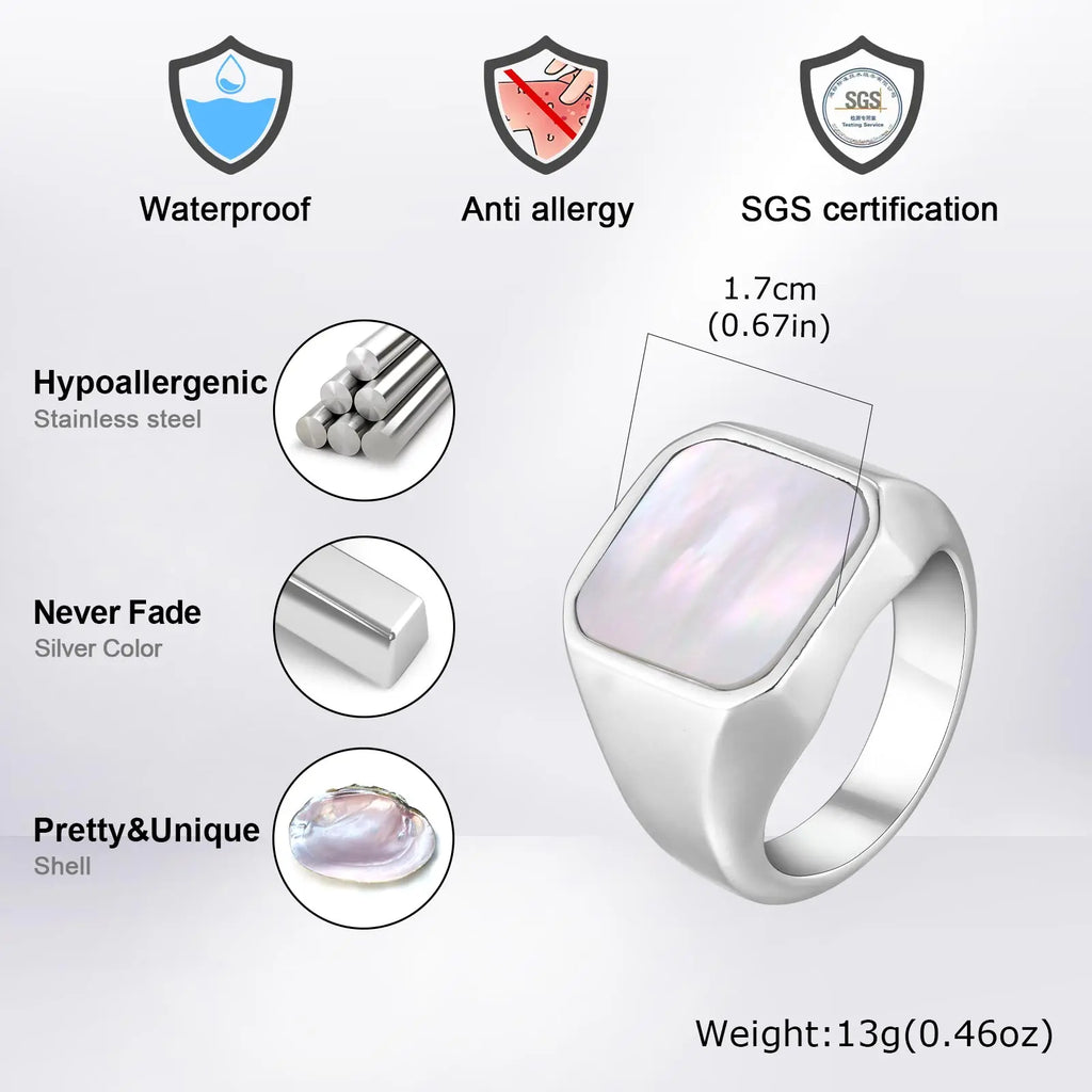 Trendy Punk Abalone Shell Stainless Steel Chunky Signet Ring for Men, Waterproof Hip Hop Party Finger Jewelry Size7 8 9 10 11 12