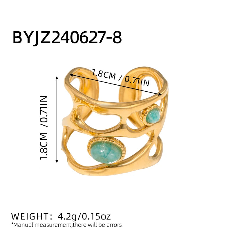 خاتم أنيق من الفولاذ المقاوم للصدأ مرصع بحجر الفيروز الأخضر الطبيعي والمالاكيت، قطعة مجوهرات صيفية كبيرة بتصميم بوهيمي للنساء