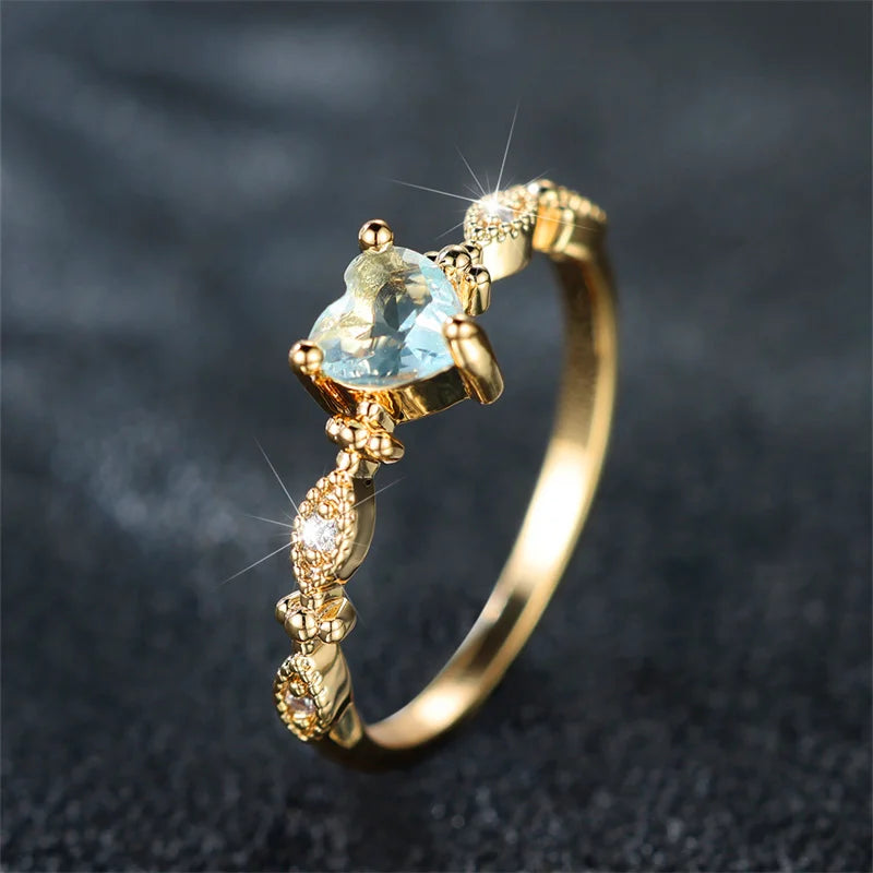 Cute Female Water Blue Zircon Stone Ring Trendy Yellow Gold Color Heart Engagement Bride Wedding Jewelry For Women