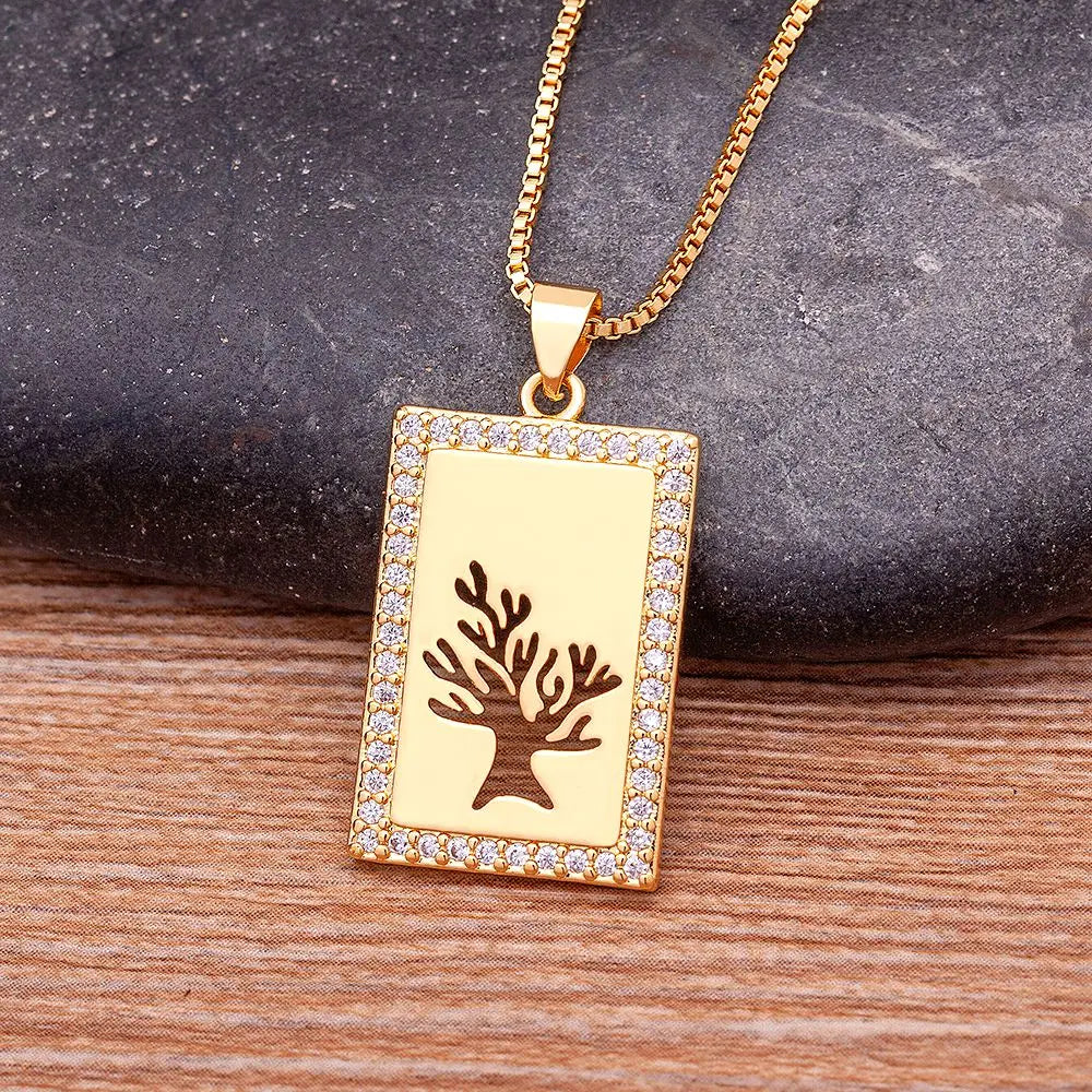 Nidin Hot Sale Tree of Life Necklace Zircon Crystal Hollow Pendant Gold Plated for Women Fashion Party Wedding Elegant Jewelry