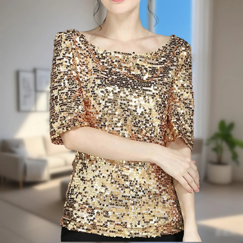 Women's Sequins T Shirts Solid Color Round Neck Shirts Short Sleeve Sparking Blouse Ladies Fashion Casual Party Nightclub Tops