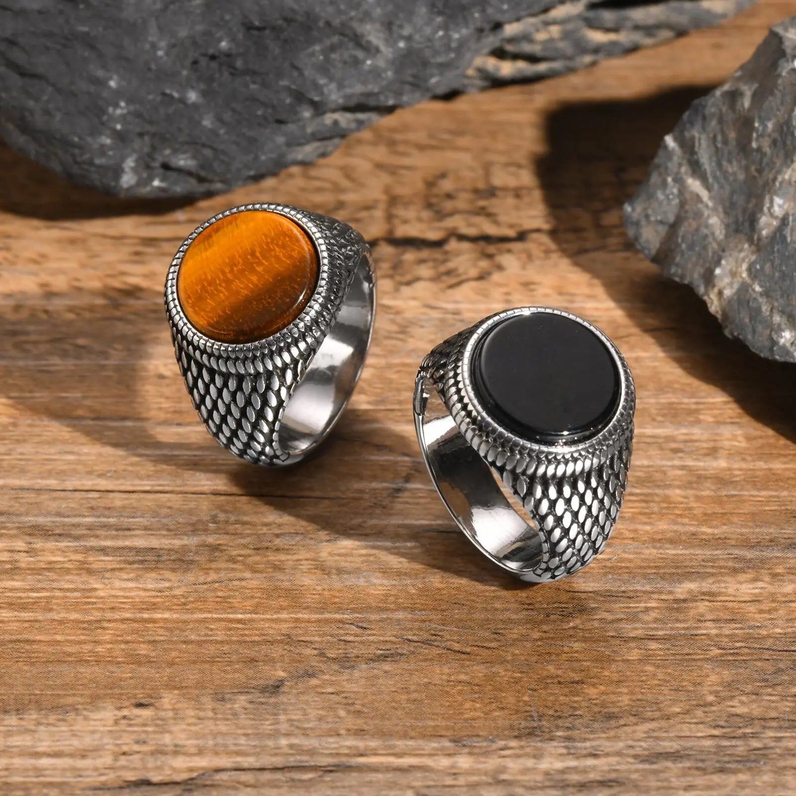 خاتم فينوكس ذو ملمس حراشف التنين للرجال، خاتم إصبع علوي مرصع بحجر عين النمر المستدير، خاتم ختم من الفولاذ المقاوم للصدأ مرصع بحجر كريم أسود