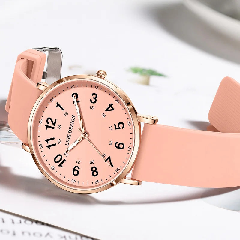 ساعة يد نسائية جديدة من LIGE، ساعة كوارتز فائقة النحافة، مقاومة للماء، مصنوعة من السيليكون المضيء، ساعة وردية اللون