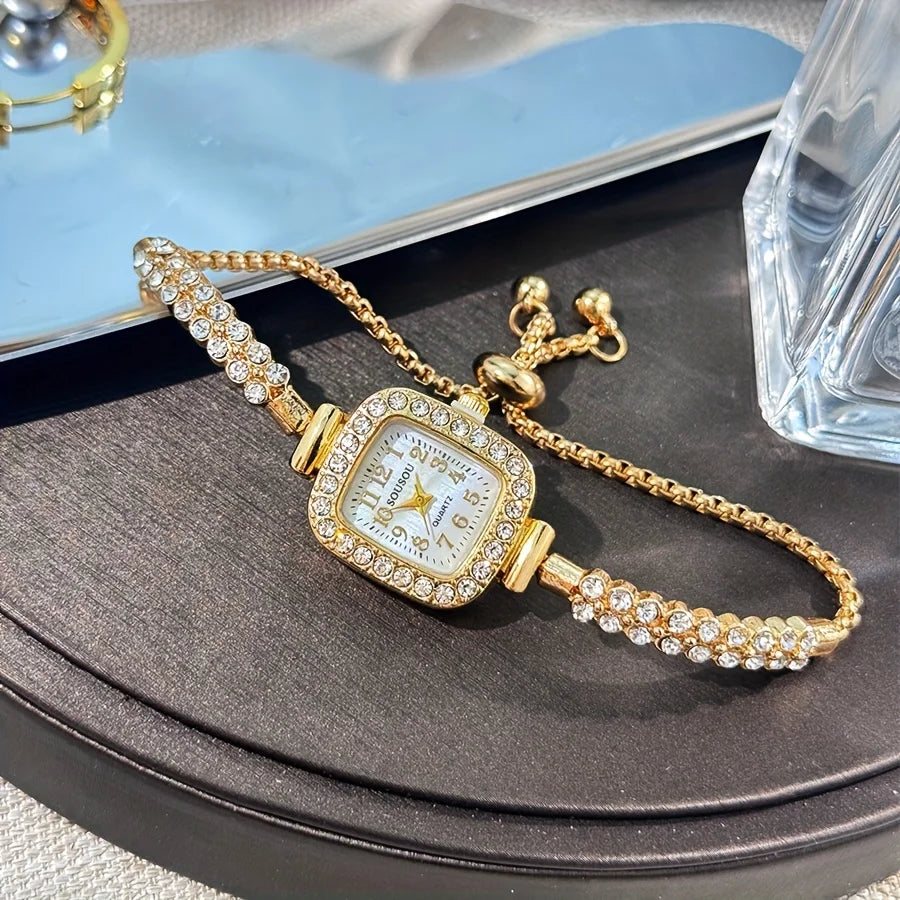 ساعة يد نسائية أنيقة مربعة الشكل، مزودة بمينا مرصع بأحجار الراين وسوار من سبيكة ذهبية اللون - ساعة يد كوارتز قابلة للتعديل للاستخدام اليومي