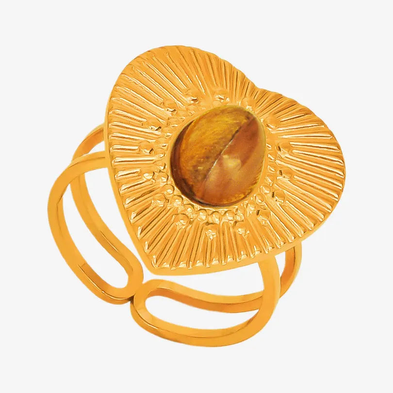 خاتم من حجر عين النمر الحقيقي على شكل قلب الشمس من الفولاذ المقاوم للصدأ، خواتم مفتوحة للنساء والرجال، إكسسوارات مجوهرات عتيقة مطلية بالذهب الحقيقي