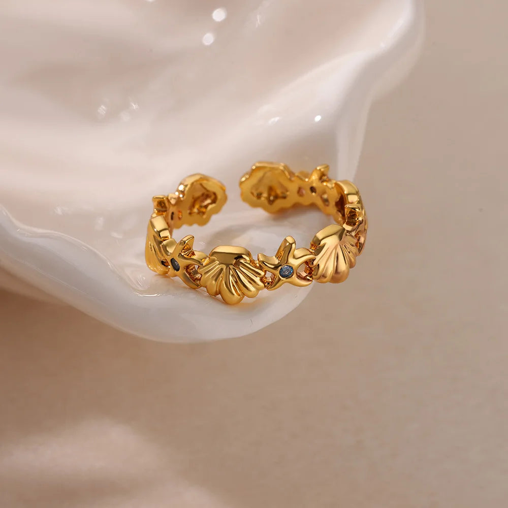 خواتم مفتوحة على شكل صدفة نجم البحر للنساء، لون ذهبي، مصنوعة من الفولاذ المقاوم للصدأ، مناسبة لفصل الصيف، مثالية للشاطئ، مقاومة للماء، هدية مثالية.