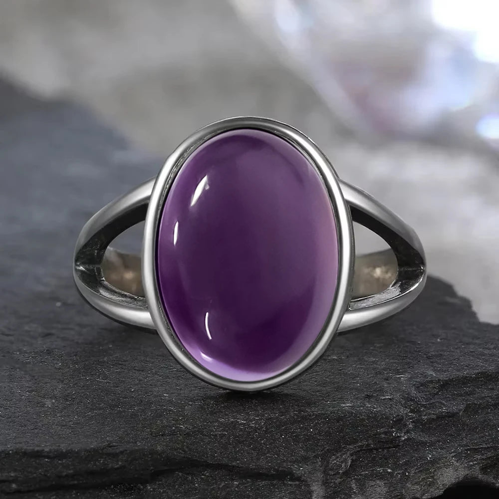 925 Sterling Silver Ring Natural 10*14mm Moonstone Rings Oval Large Gemstone Vintage Fine Jewelry for Women Men