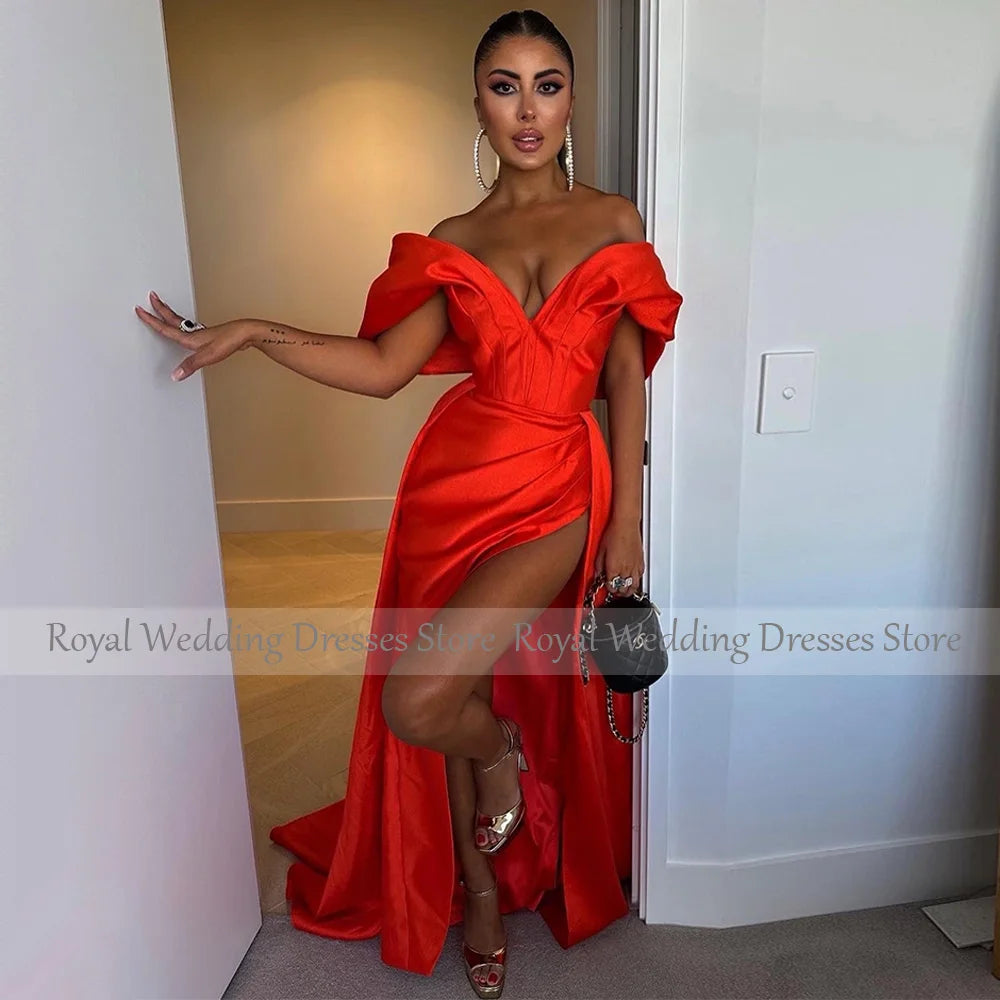 Sexy Evening Dresses for Women Off the Shoulder High Slit Mermaid  Gowns Long V Neck Orange Red Trumpet Prom Dress 2023