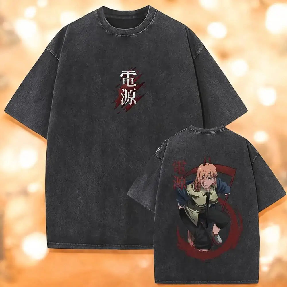 تي شيرت Chainsaw Man X Reze Devil T-Shirt بغسيل حمضي كبير الحجم من الرسوم المتحركة Mange للرجال والنساء ملابس الشارع الكلاسيكية بأكمام قصيرة للرجال والنساء