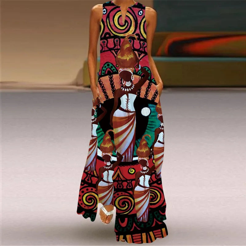 Sexy V-neck Women Maxi Dress Summer Fashion Sleeveless Sundress Retro Print Long Dresses With Pocket Vestidos Robe Maje