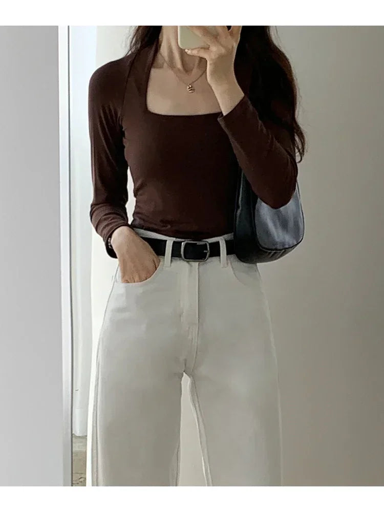 تي شيرت نسائي مرن تي شيرت صيفي ملابس نسائية قميص ربيعي مثير تي شيرت نحيف نسائي قطني بأكمام طويلة قطع علوية قصيرة