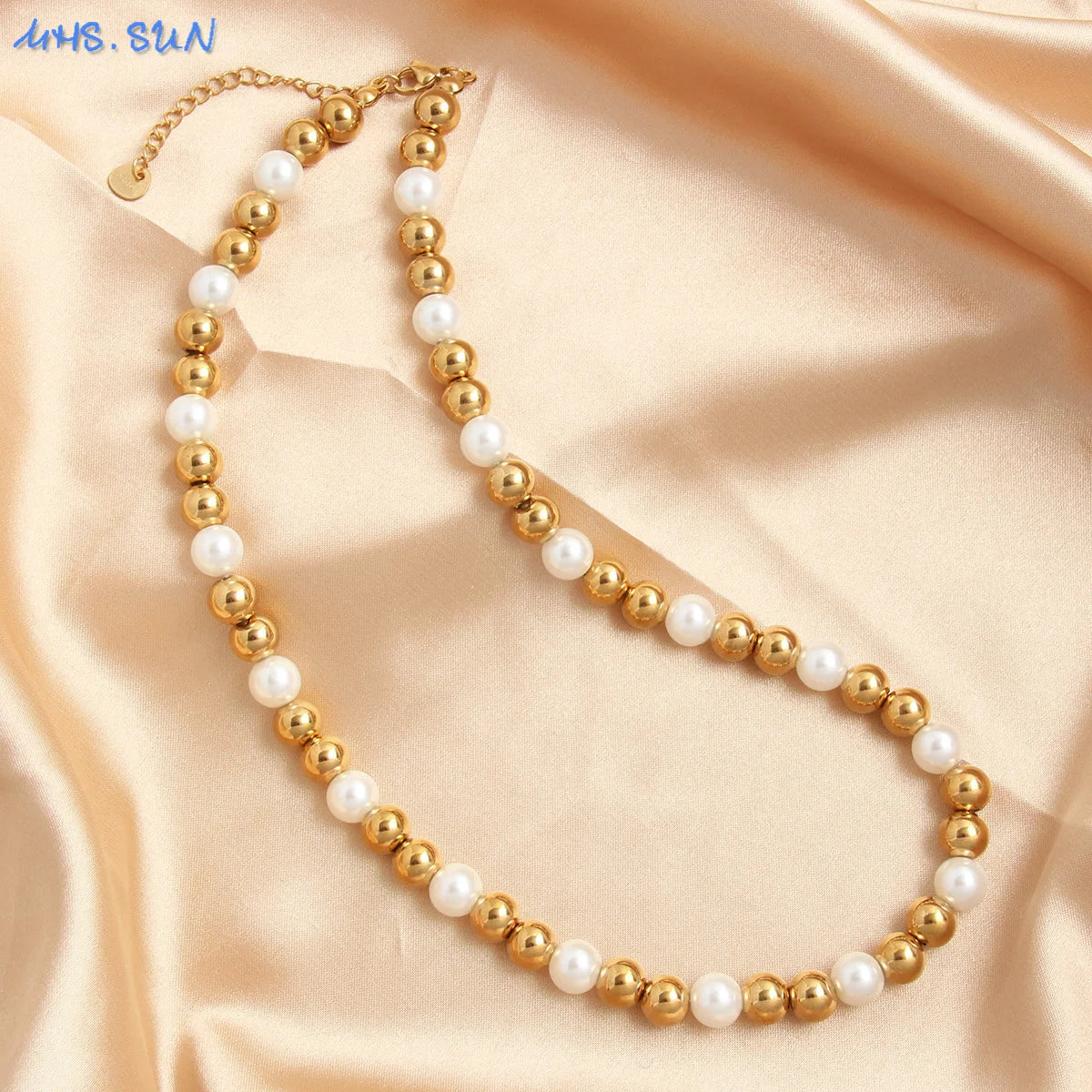 قلادة MHS.SUN العصرية المصنوعة من الفولاذ المقاوم للصدأ باللون الذهبي والمزينة بحبات اللؤلؤ 4/6/8/10 مم من الخرز المعدني مجوهرات قابلة للتعديل للنساء والرجال