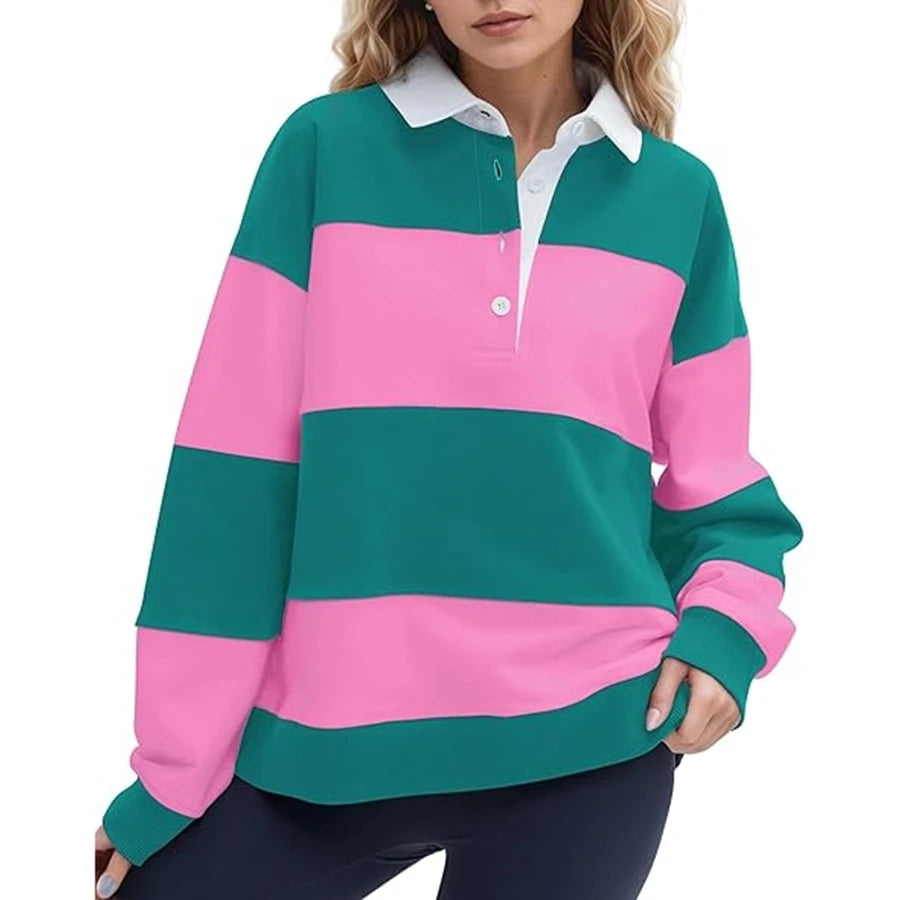 سويت شيرت نسائي واسع بأكمام طويلة وياقة وأزرار وخطوط بألوان متباينة وقمصان فضفاضة بتصميم Y2K وقمصان رغبي أنيقة