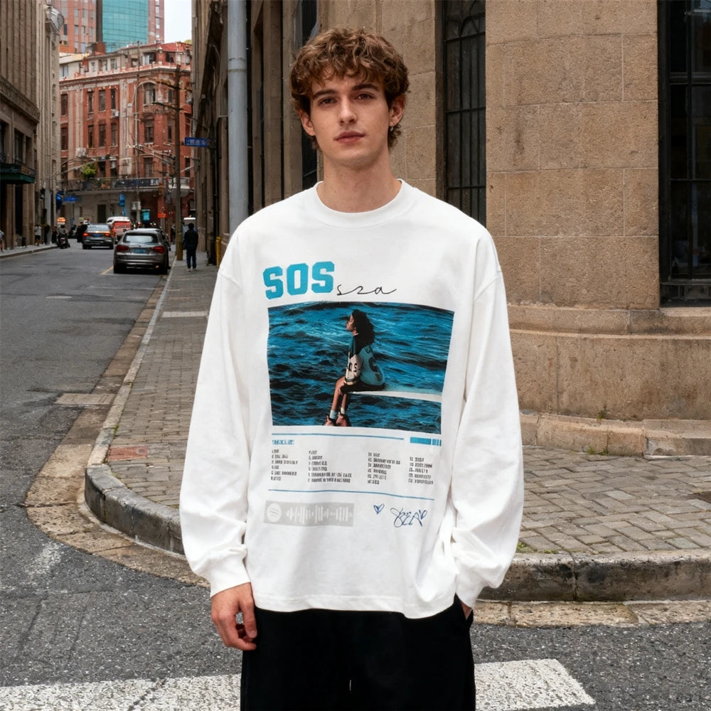 تي شيرت KUCLUT American Style Streetwear عالي الجودة مطبوع عليه وجه كبير، مصنوع من القطن بنسبة 100%، مقاس كبير، بأكمام طويلة، للرجال والنساء