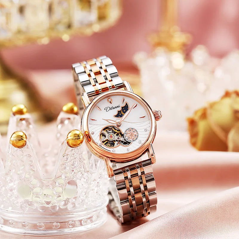 ساعات يد نسائية ميكانيكية أوتوماتيكية من ماركة أزياء، ساعة يد مرصعة بالألماس، لوحة قمرية، فستان عمل، ساعة مضيئة مقاومة للماء