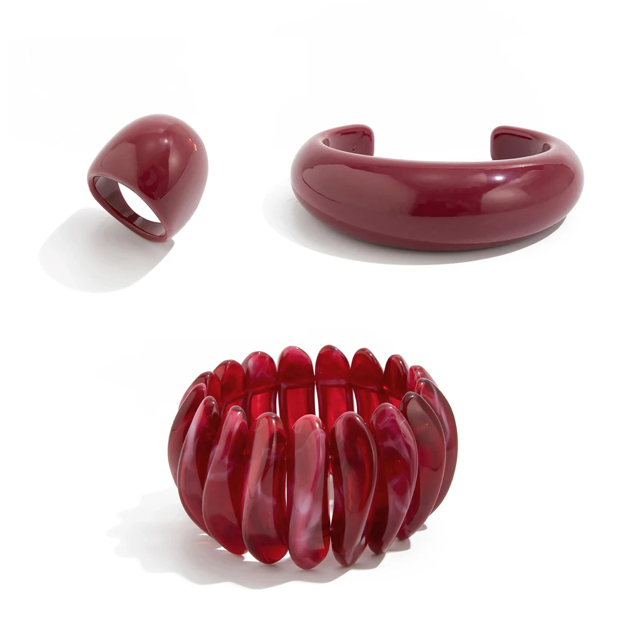 مجموعة أساور وخواتم PuRui Vintage بثلاثة أنماط من الراتنج الأكريليكي الأحمر السميك للنساء، بتصميمات بانك وهيب هوب غير منتظمة، تُعدّ هدية مثالية لعشاق الموضة.