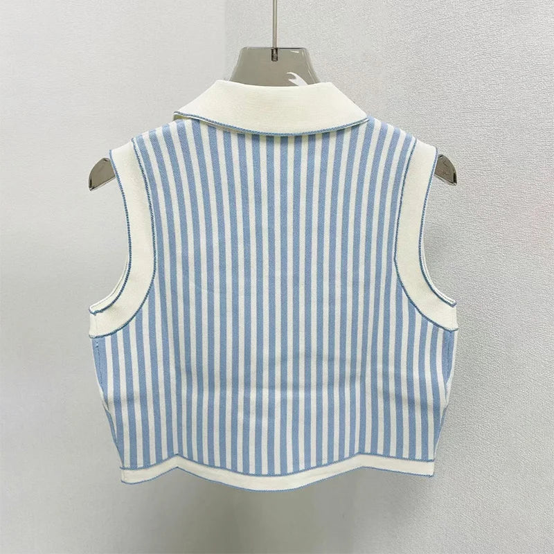 تي شيرت صيفي محبوك 2024 للنساء، مقصوص مخطط، بدون أكمام، بياقة بولو، تي شيرتات متباينة، ملابس فاخرة من العلامات التجارية