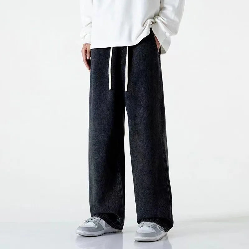 2026New Streetwear Loose Jeans Men Korean Style Fashion Loose Straight Wide Leg Pants Men's Brand Clothing Black Light Blue