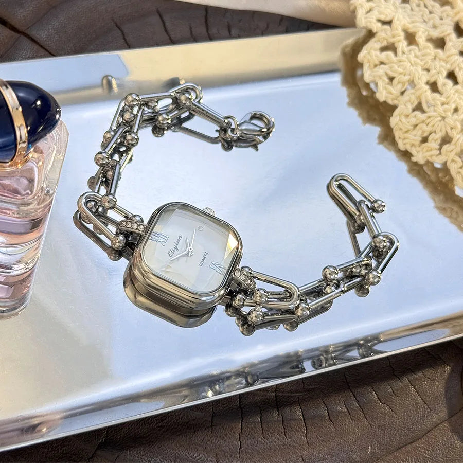 ساعة يد فاخرة بتصميم بسيط، مربعة الشكل، متعددة الأوجه، مصنوعة من الزجاج، تعمل بحركة كوارتز، سلسلة، تصميم منتصف القرن، صغيرة الحجم، إكسسوارات راقية