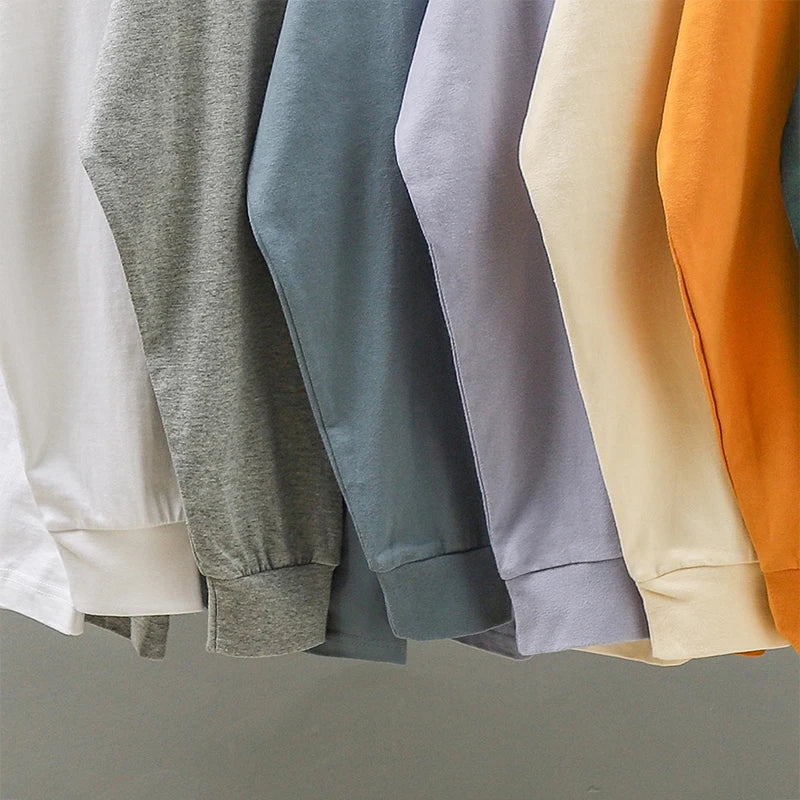 تيشيرت رجالي بأكمام طويلة من دوكين، وزن 280 غرام، مصنوع من القطن الخالص 100%، بقصة واسعة ولون سادة، ملابس رجالية.