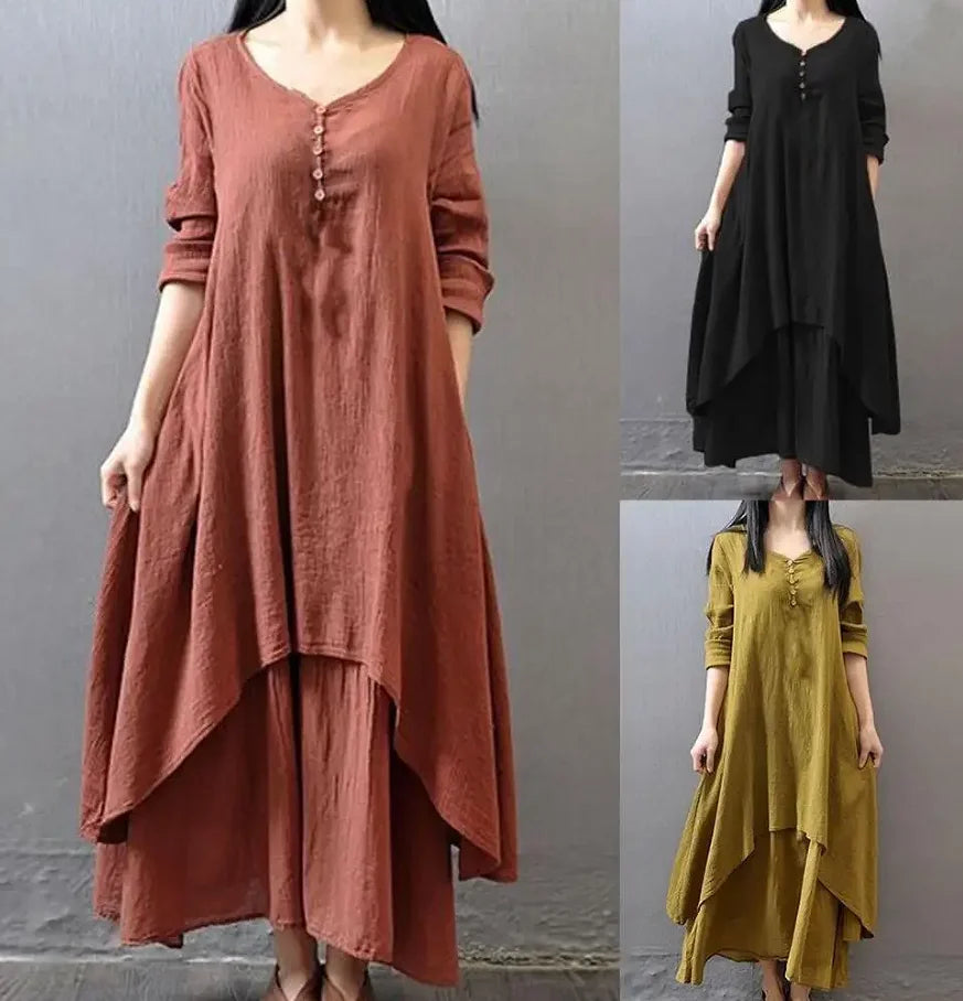 Women Elegant Linen White Dresses Bohemia Layering Vintage Robe Long Sleeve Loose Long Dress Female Autumn Long Maxi Dress