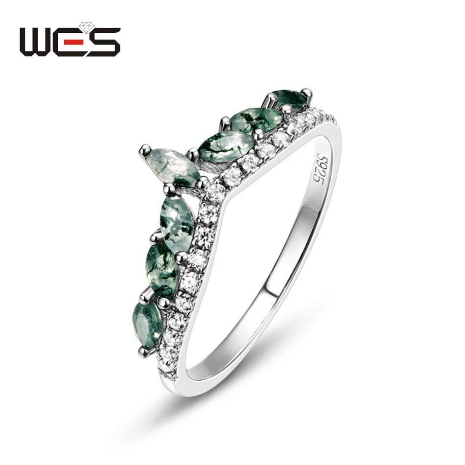 خواتم خطوبة فريدة من نوعها من الفضة الإسترليني عيار 925 من WES مقاس 7*9 مم مصنوعة من العقيق الطحلب الطبيعي للنساء، مجوهرات غابة بوهو، هدية لها بالجملة