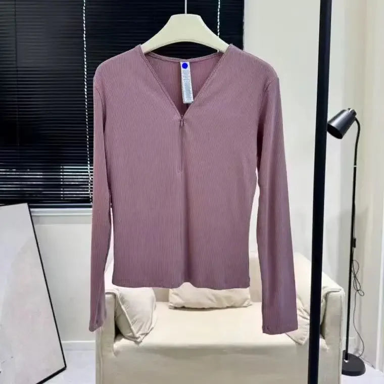 قمصان يوغا رياضية بأكمام طويلة للنساء، سريعة الجفاف، لياقة بدنية، بيلاتيس، تي شيرت برقبة على شكل حرف V، لون أسود سادة، ضيق، تدريب نسائي