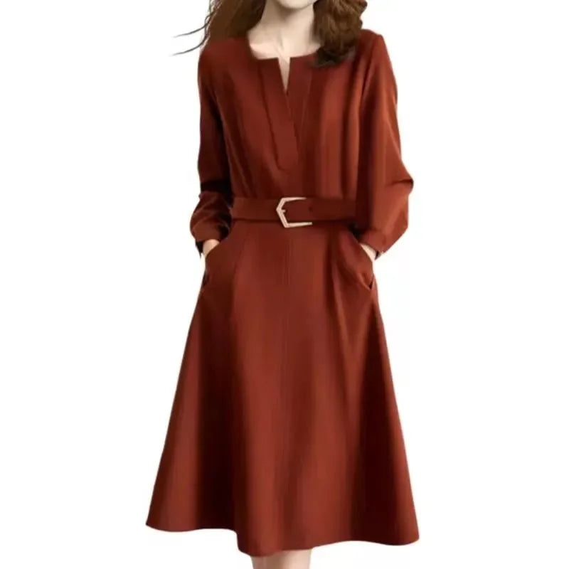 Ladies Fashion New V-neck Lace Up Vestidos Women Solid Color Maxi Dress Spring Autumn Female Elegant Belt Long Dresses  ﻿