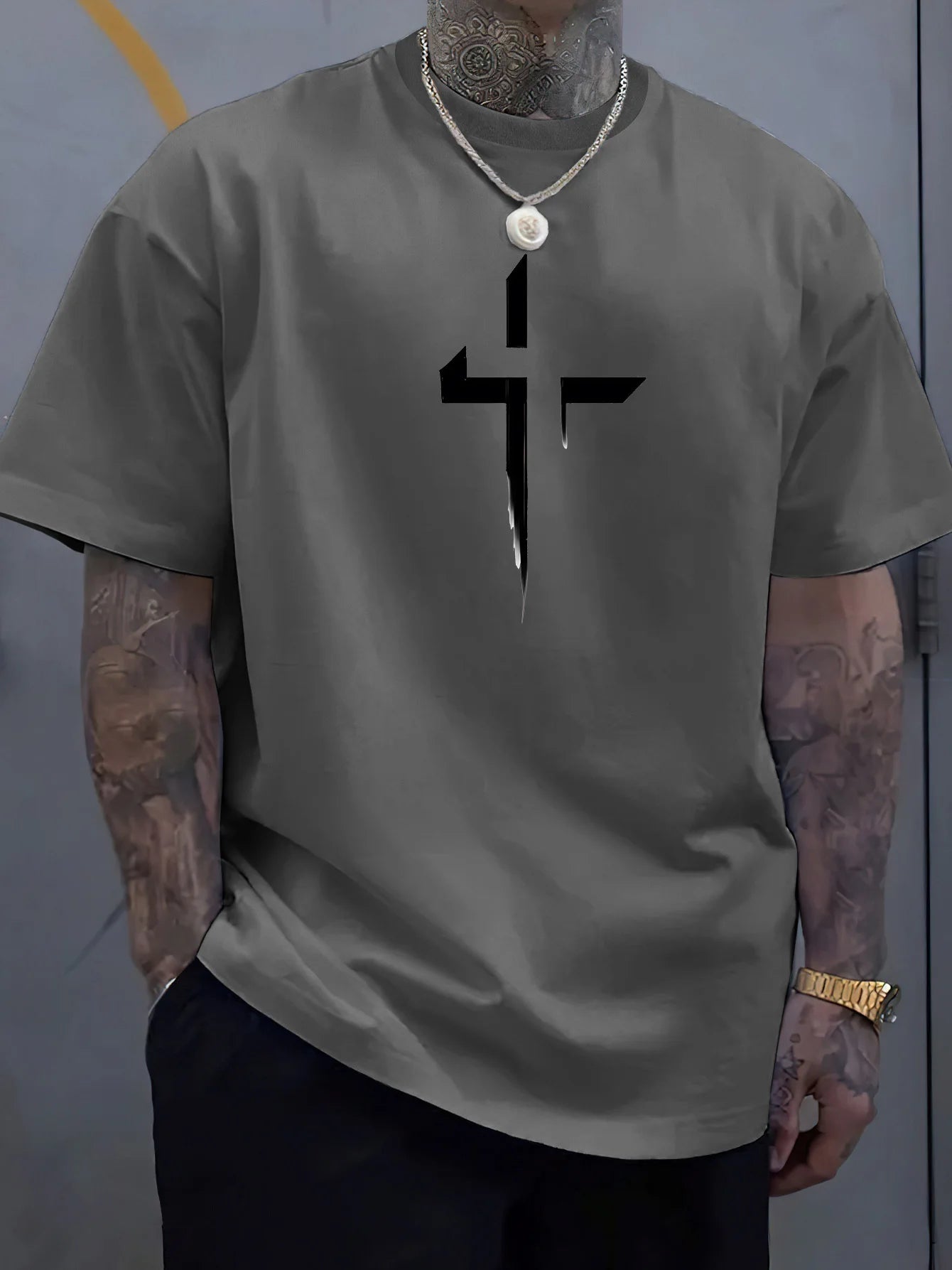 تيشيرت صيفي رجالي قطني 100%، فضفاض، بمقاسات كبيرة، مطبوع عليه شعار Cross Creative، مريح، بياقة دائرية وأكمام قصيرة