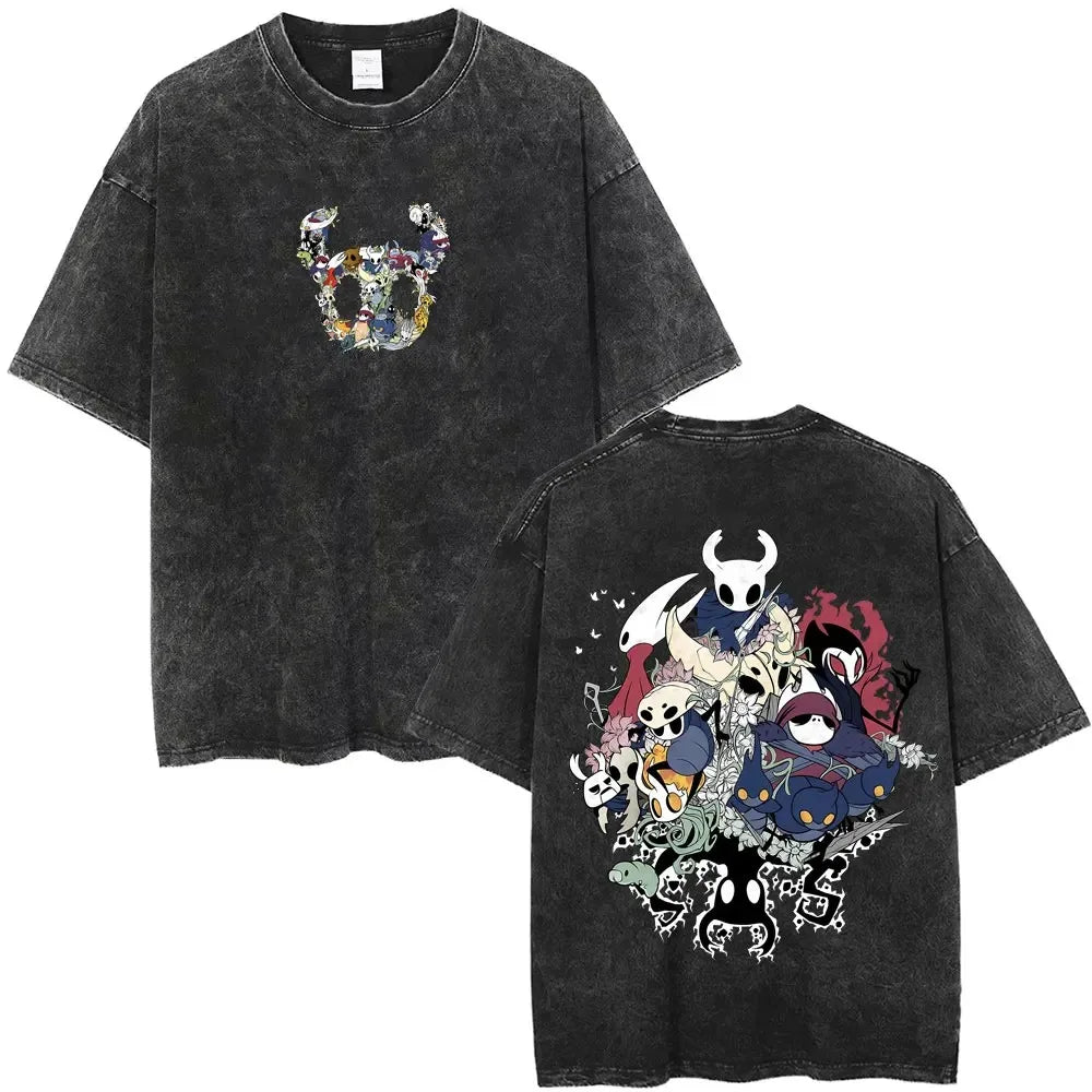 تي شيرت جرافيكي مطبوع عليه لعبة هولو نايت الكلاسيكية المغسولة للرجال والنساء، تي شيرت كاجوال من القطن بأكمام قصيرة، تي شيرت كبير الحجم للجنسين