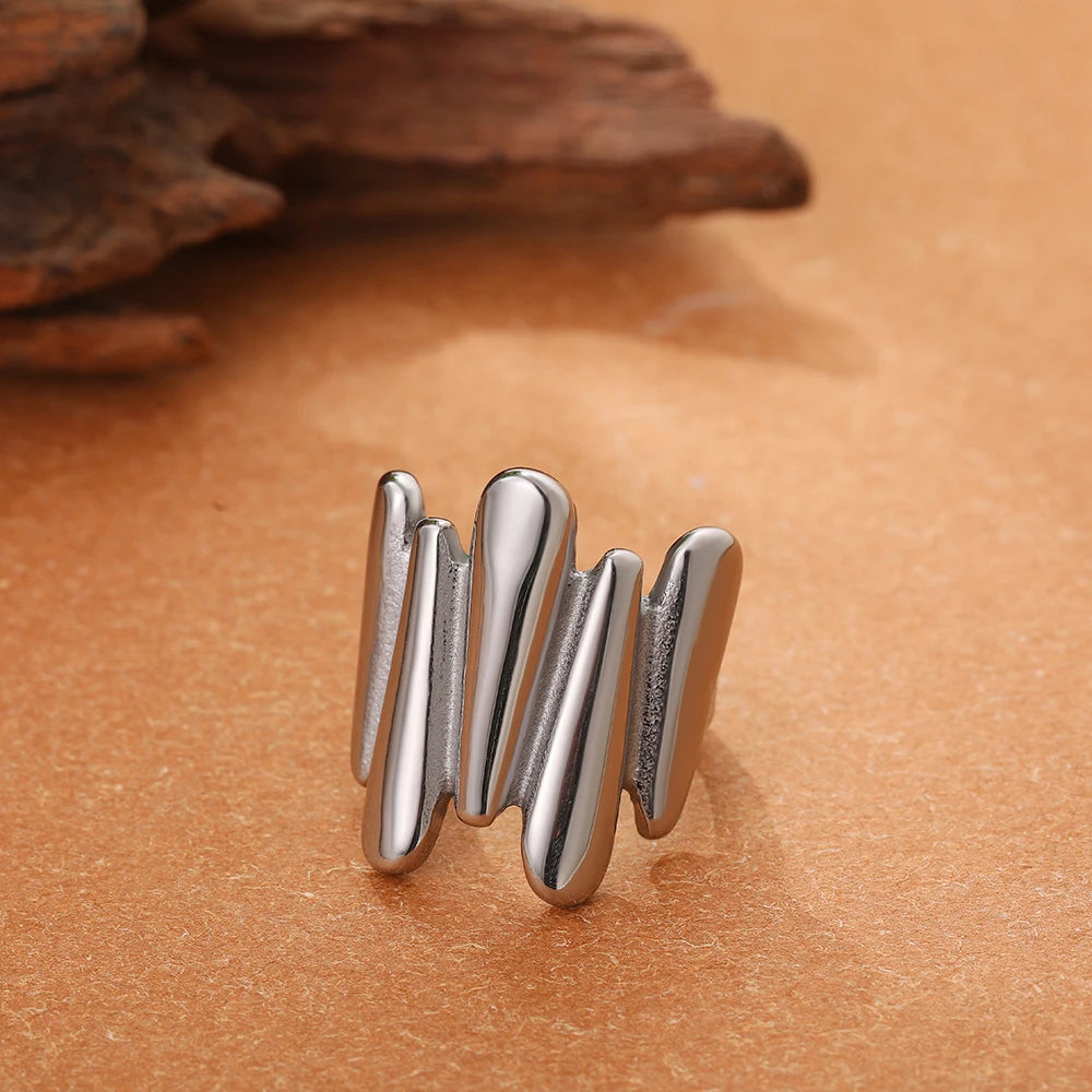 خواتم مفتوحة غير منتظمة الشكل ذات تصميم هندسي ناعم من المعدن للنساء والرجال، خاتم إصبع سميك بتصميم قبة قابل للتعديل مصنوع من الفولاذ المقاوم للصدأ