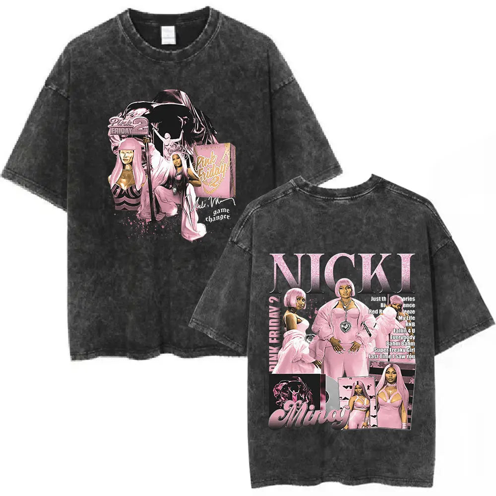 تي شيرت نيكي ميناج بينك فرايداي 2 وورلد تور القديم المغسول للرجال والنساء من القطن غير الرسمي فضفاض وكبير الحجم هدية للمعجبين ملابس الشارع