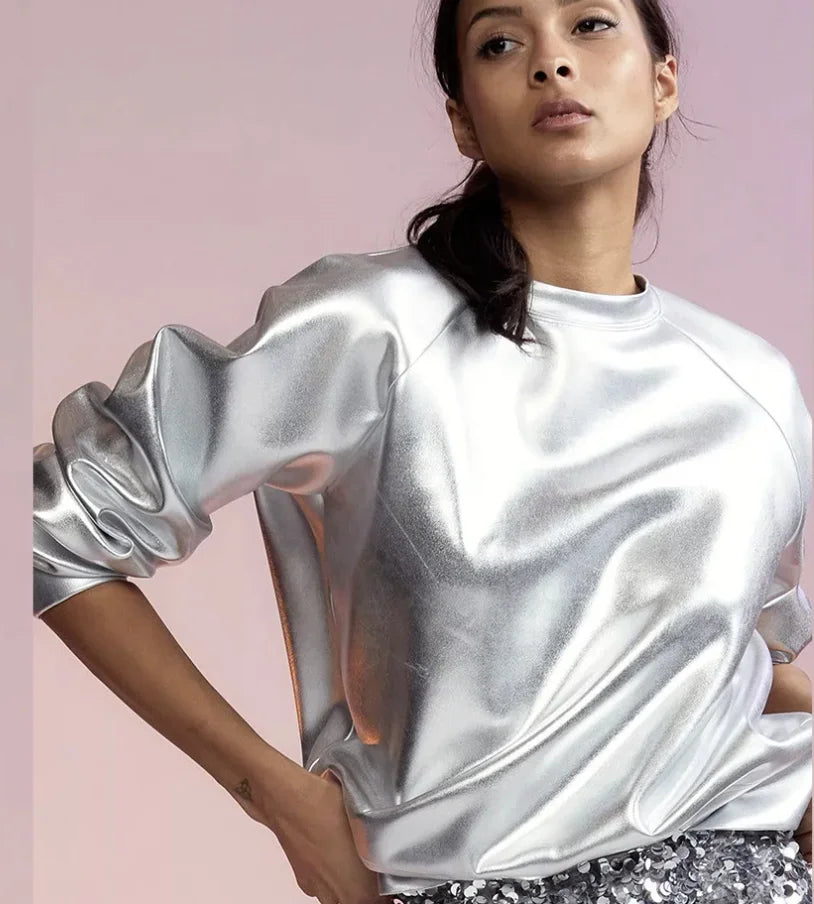 2024 جديد الخريف المرأة سترة البلوز الفضة بسيطة عارضة قميص الشارع الإناث طويلة الأكمام قمم تي شيرت