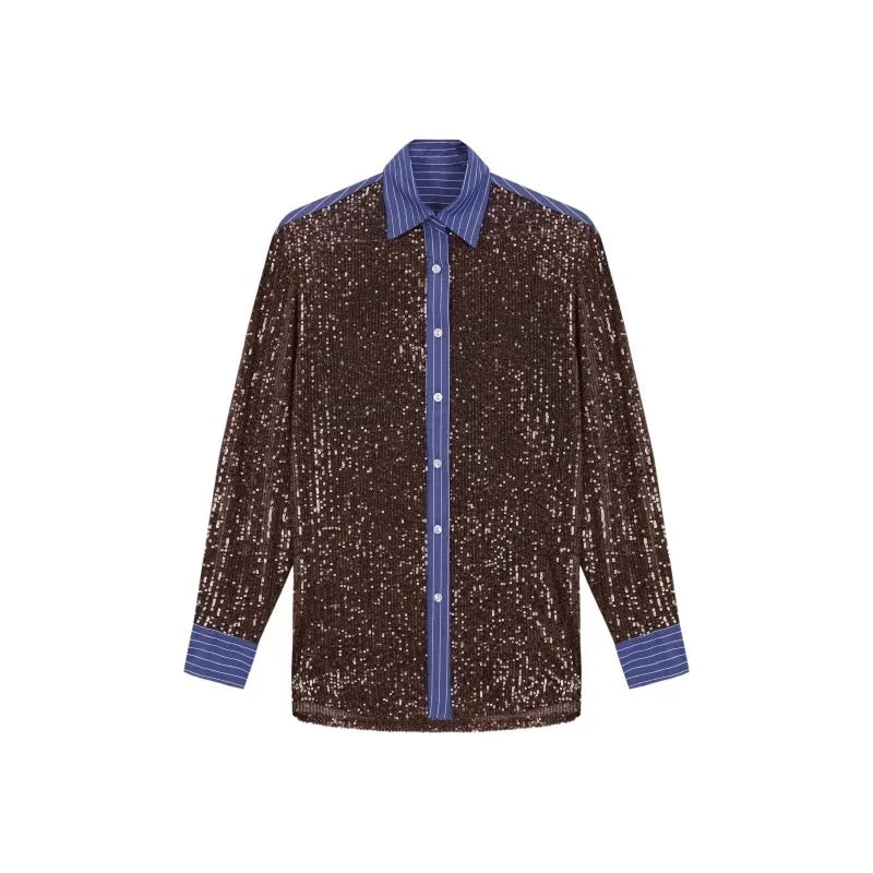 طقم مكون من قطعتين من السراويل الفضفاضة المرصعة بالترتر للنساء، قميص بأكمام طويلة وبنطلون أنيق للنساء، طقم مكون من قطعتين من السراويل الطويلة