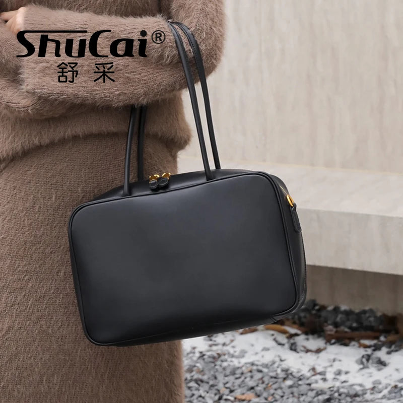 حقائب كتف نسائية أنيقة من الجلد الأصلي باللون الأسود بتصميم فاخر من جلد البقر البني حقيبة كبيرة للنساء حقائب يد نسائية باللون البني