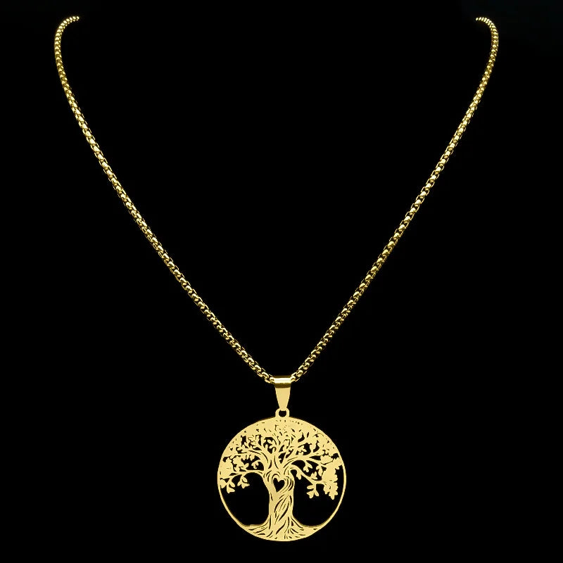 Aesthetic Tree of Life Love Heart Necklace for Women Men Stainless Steel Gold Color Lucky Amulet Chain Jewelry collar NZZZ529S02