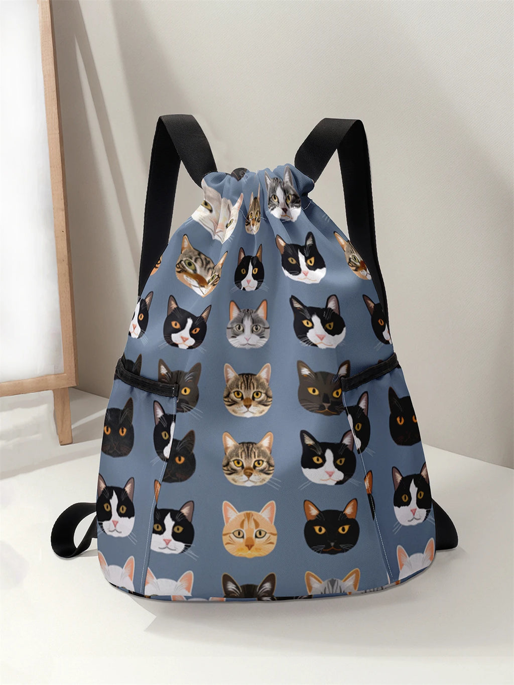 حقيبة ظهر برباط مطبوع عليها نمط قطة لطيفة - حقيبة لياقة بدنية متينة بسعة كبيرة، حقيبة ظهر رياضية للشاطئ