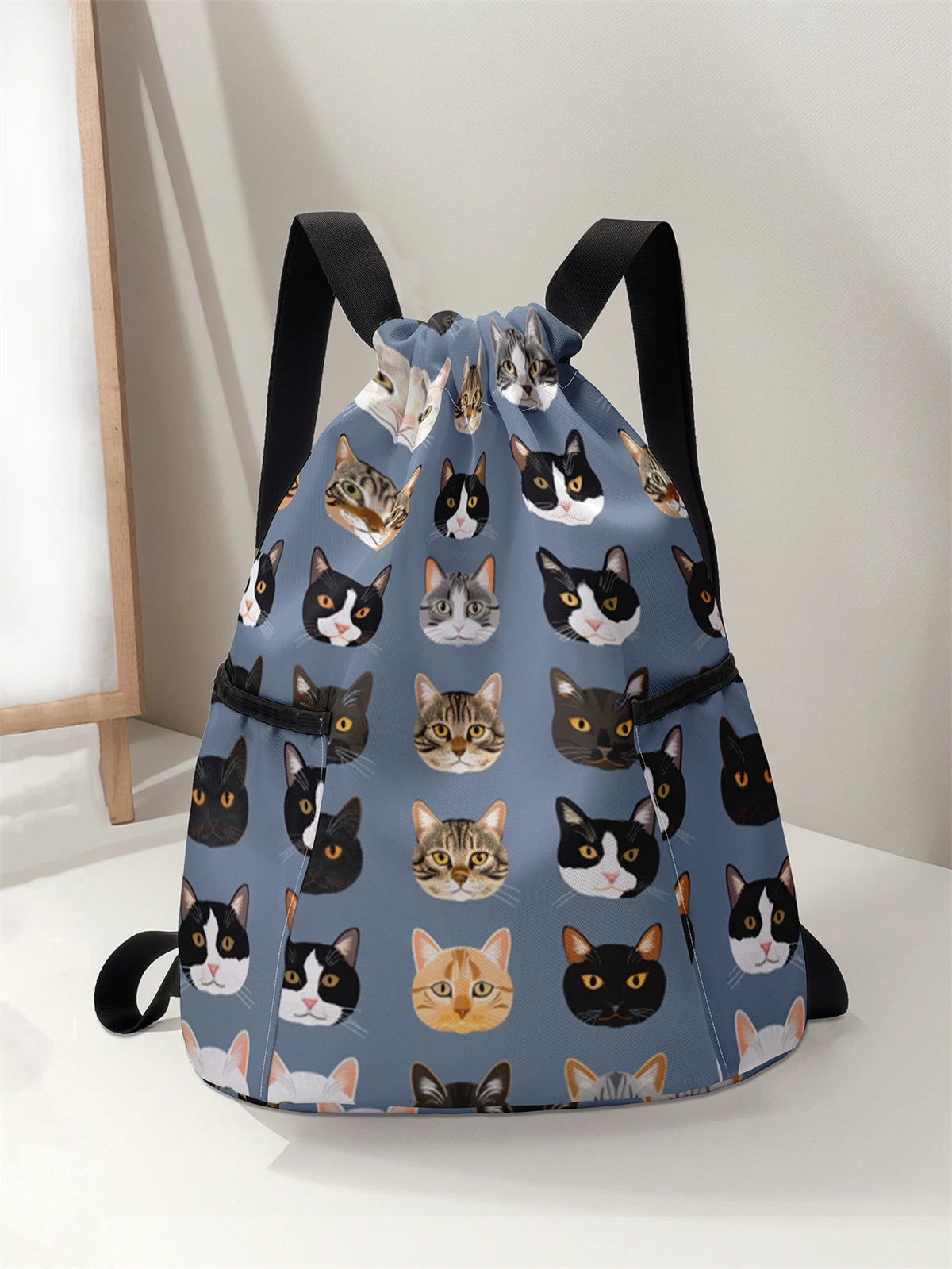 حقيبة ظهر برباط مطبوع عليها نمط قطة لطيفة - حقيبة لياقة بدنية متينة بسعة كبيرة، حقيبة ظهر رياضية للشاطئ