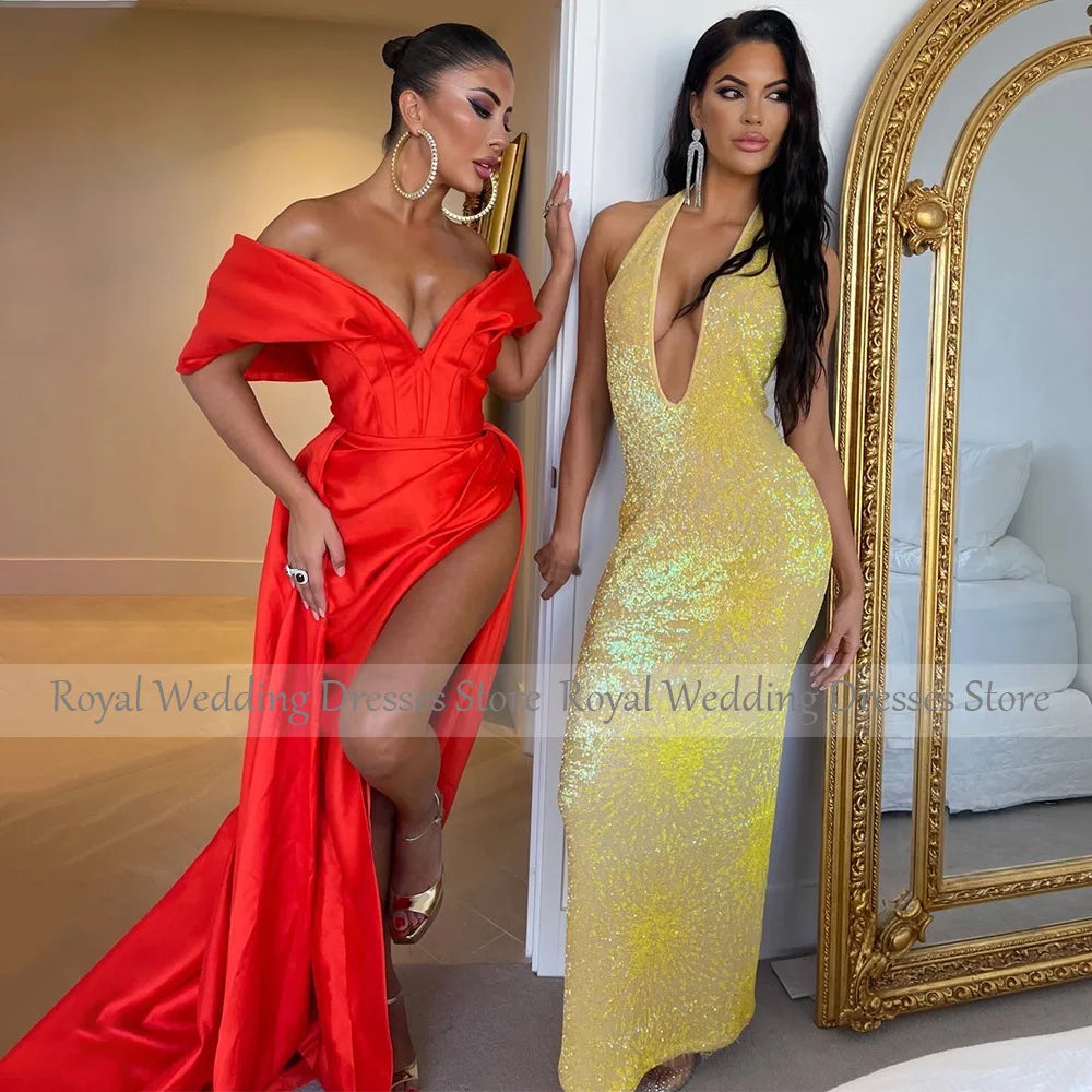 Sexy Evening Dresses for Women Off the Shoulder High Slit Mermaid  Gowns Long V Neck Orange Red Trumpet Prom Dress 2023
