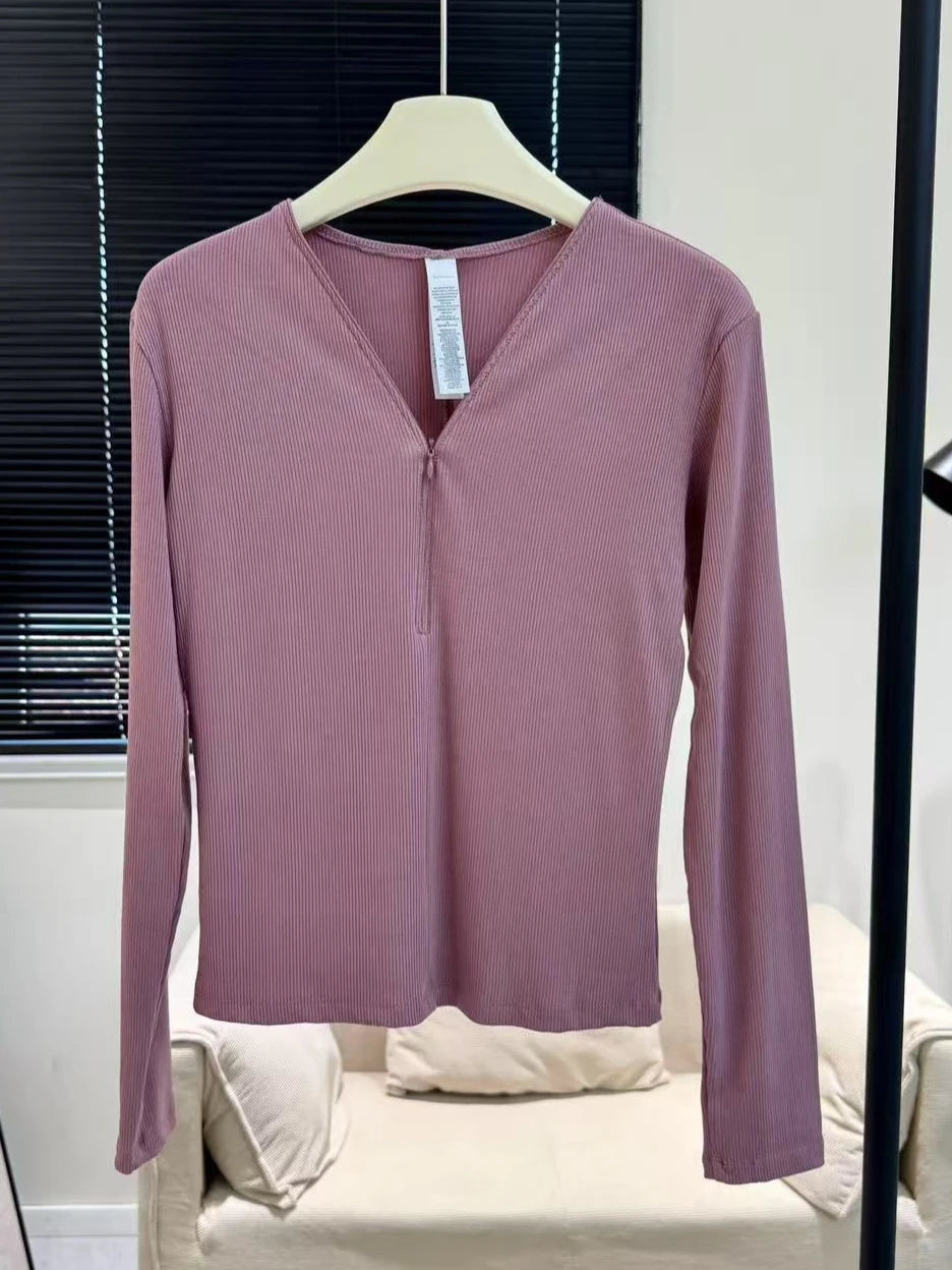 قميص نسائي رياضي خريفي برقبة على شكل حرف V وسحاب مضلع للياقة البدنية غير رسمي متعدد الاستخدامات بأكمام طويلة وقميص يوجا