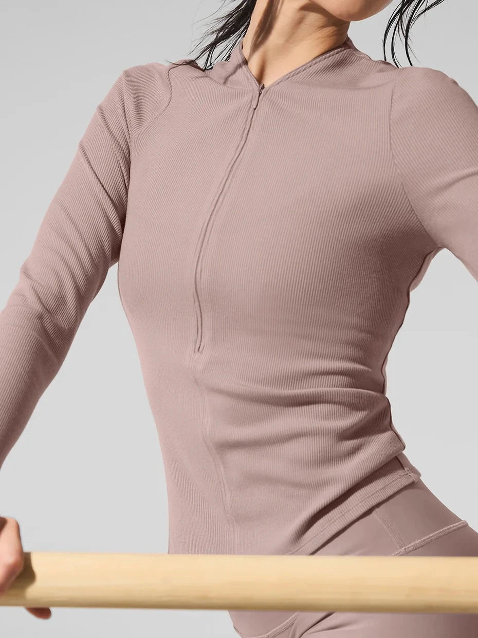 قميص نسائي رياضي خريفي برقبة على شكل حرف V وسحاب مضلع للياقة البدنية غير رسمي متعدد الاستخدامات بأكمام طويلة وقميص يوجا