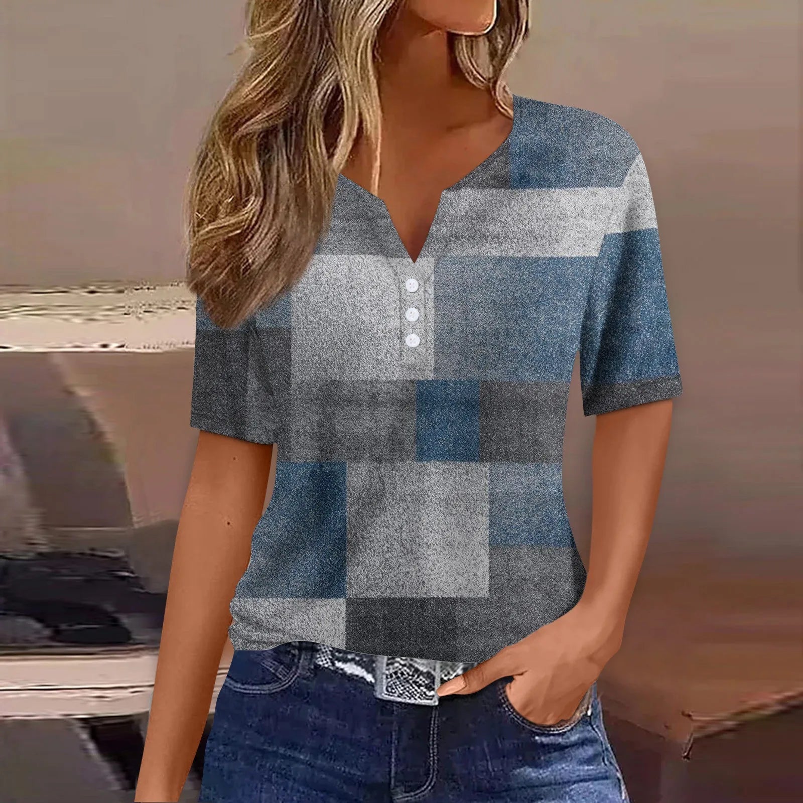 تيشيرت نسائي صيفي جديد بياقة على شكل حرف V، فضفاض، كاجوال، مخطط، مطبوع، ملابس نسائية، ملابس الشارع، تيشيرتات نسائية سهلة الارتداء