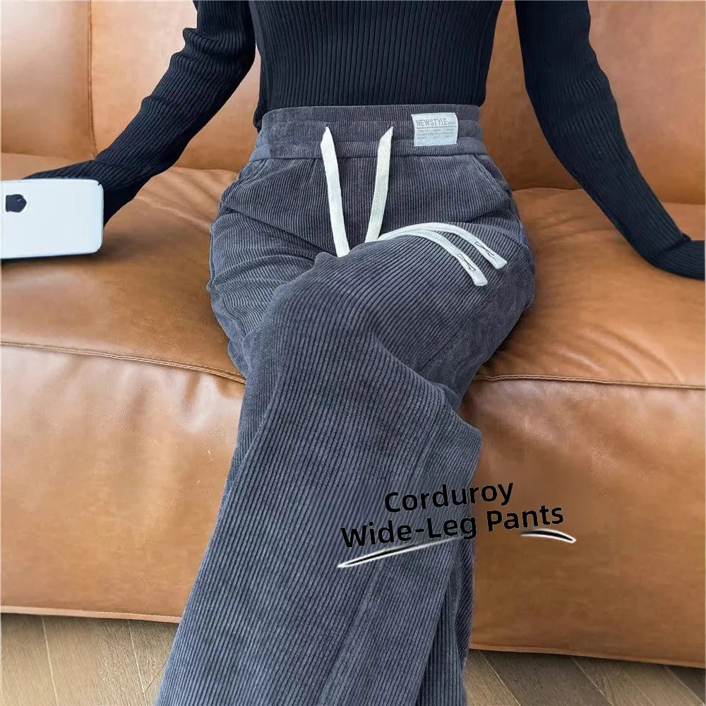 Fleece Lined Wide Leg Pants Women's Slim Straight Thick Corduroy Trousers Spring Autumn Winter New Style High Waist Long Pants