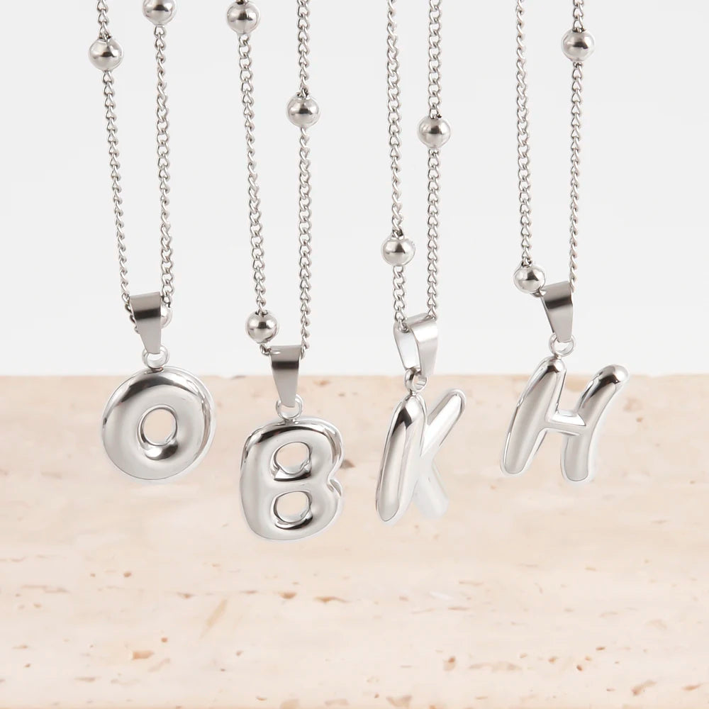 قلادة لطيفة على شكل بالونات من الفولاذ المقاوم للصدأ على شكل حرف AZ الأولي للنساء والرجال، قلادة مجوهرات بسلاسل من الخرز بطول 40+5 سم