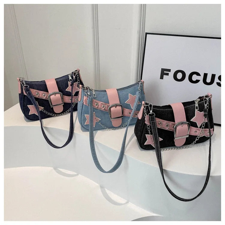 حقائب كتف نسائية من قماش الدنيم بتصميم نجمة برشام عتيقة من Y2k، حقيبة إبط نسائية محمولة بسلسلة، حقيبة إبط نسائية صغيرة، حقائب يد