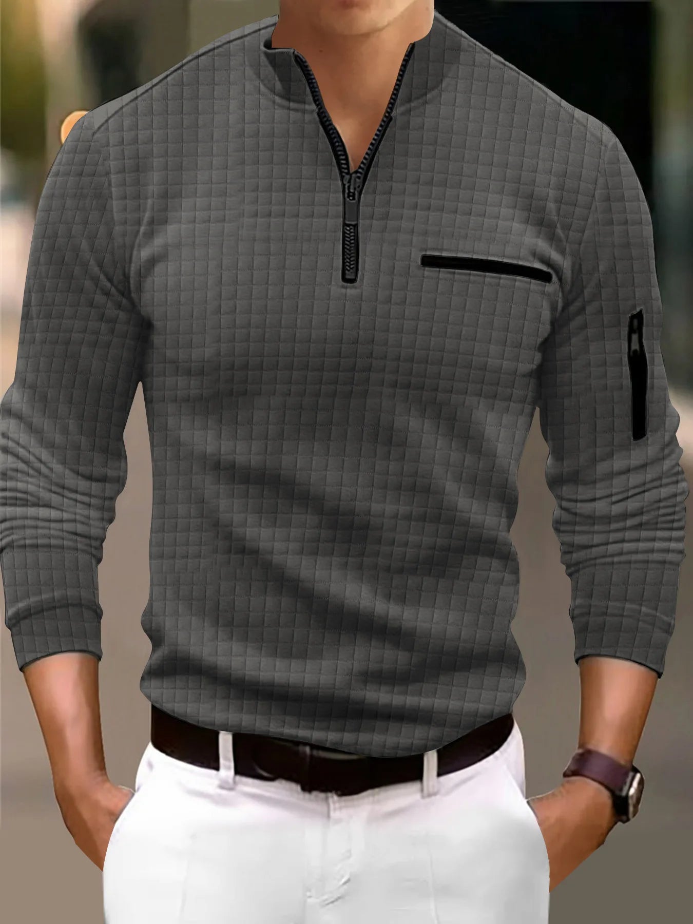 قميص بولو منقوش للربيع والخريف للرجال، قمصان بولو كاجوال بأكمام طويلة وسحاب وياقة مدورة