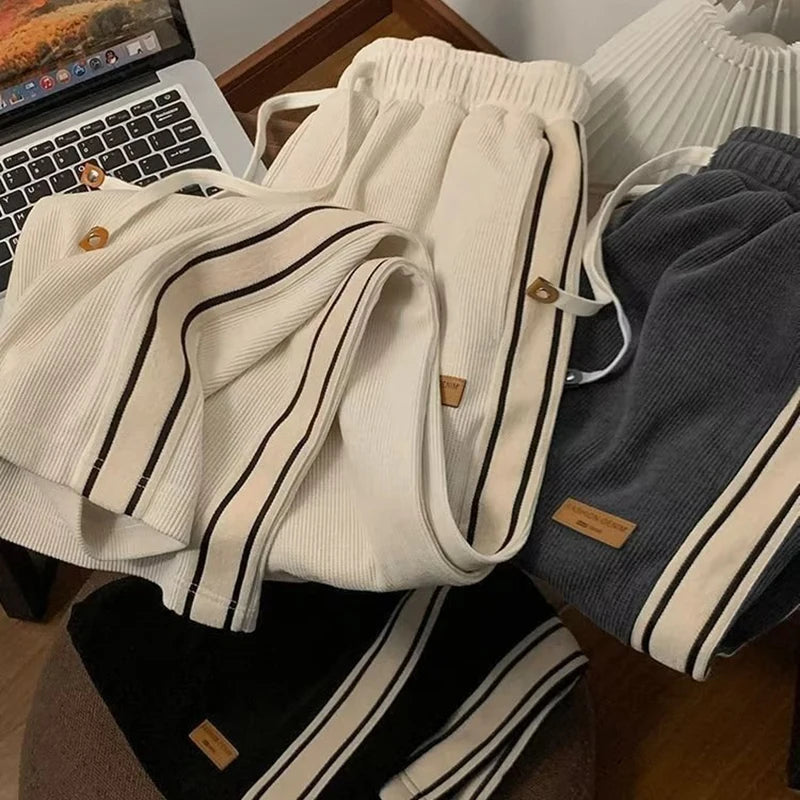 Corduroy Men Casual Sweatpants Straight Thick Wide Leg Pants Autumn Winter Streetwear Outdoor Sports Work Joggers Trousers Male